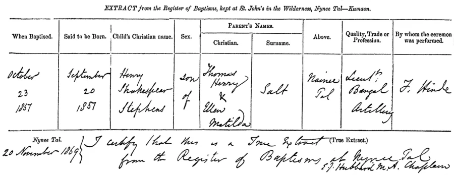 Henry Salt's baptism certificate