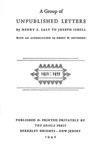 A Group of Unpublished Letters by Henry S. Salt to Joseph Ishill